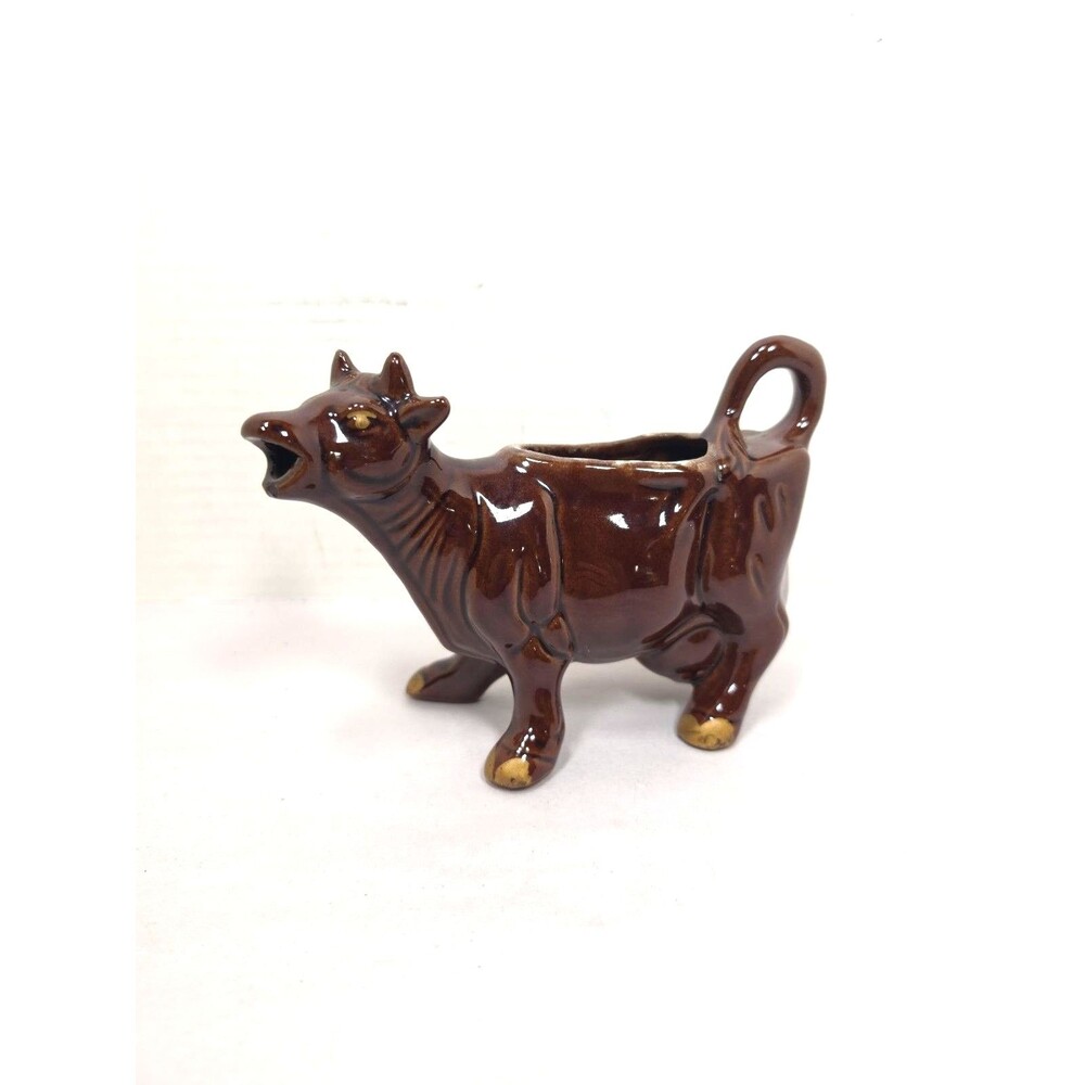 Vintage Mid Century Cow Creamer Japan Dark Brown Drip Glaze